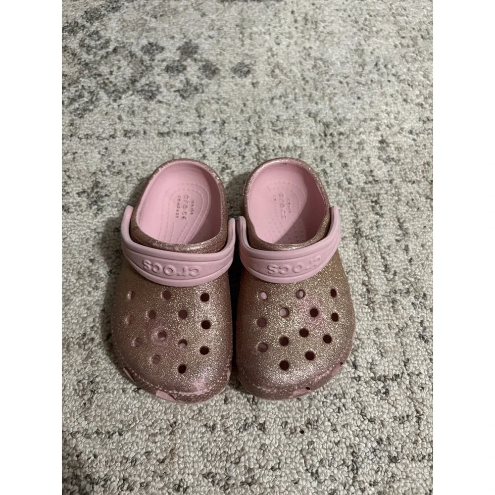 Crocs Toddler Girls Pink Glitter Clog Shoes Slip On Breathable Rubber Size 8 C8